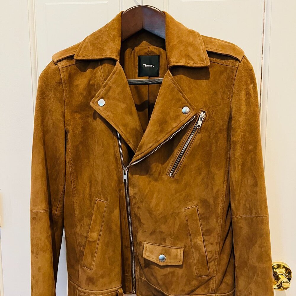 Theory Suede Goat Leather Womens Cognac Brown Tan Bike Jacket Coat Size Small - Picture 14 of 16
